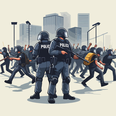 A group of police officers are standing in front of a crowd of protesters. The police officers are wearing black uniforms and are holding guns. Scene is tense and chaoticのイラスト素材