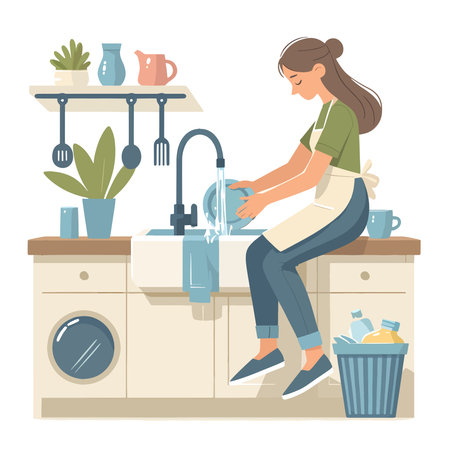 A woman is washing dishes in a kitchen sink. She is wearing an apron and sitting on a counter. The sink is filled with dirty dishes, including cups, bowls, and a bottleのイラスト素材