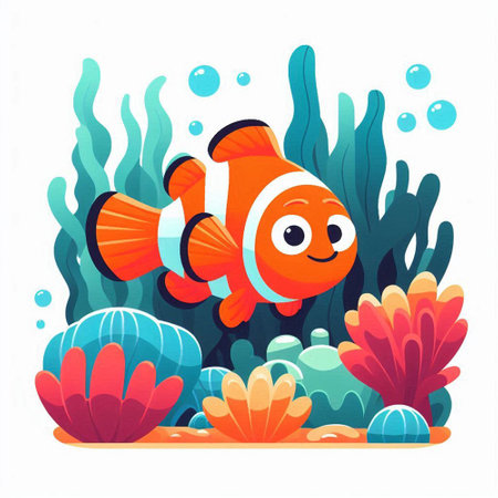 clown fish playing coral reef book illustration coverのイラスト素材