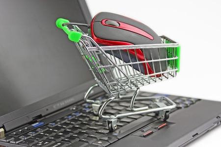 Mini shopping cart and computerの写真素材
