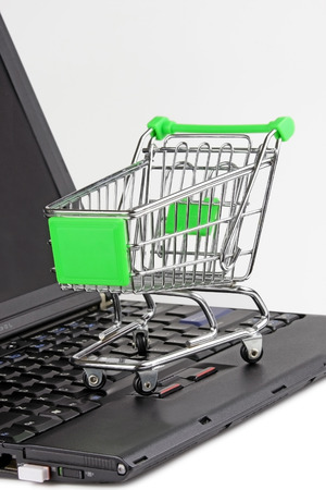Mini shopping cart and computerの写真素材