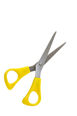 Yellow scissors isolated on a white backgroundの写真素材