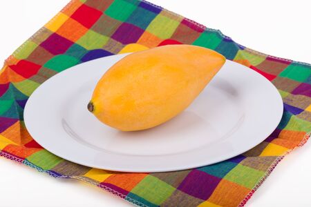 Ripe mango on check gingham backgroundの写真素材