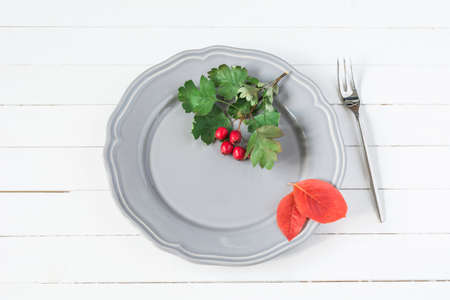 Empty gray plate on white background. Fall, thanksgiving day concept