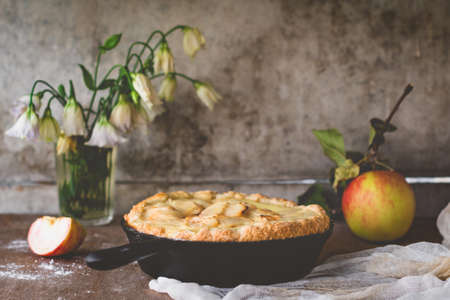 Rustic apple pie in iron skillet. Food still life, Thanksgiving day food. Selective focusの写真素材