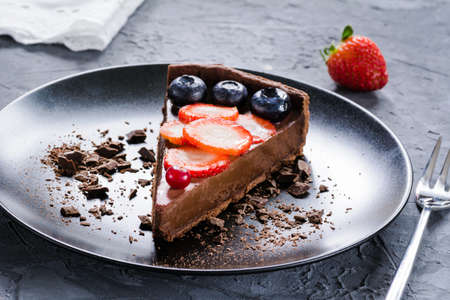 Chocolate hazelnut pie on a plateの写真素材