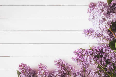 Floral card: Lilac flowers on white wooden background. Top view, copy spaceの写真素材