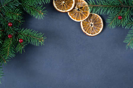 Background for Christmas or New Year: fir tree, cranberries and dry oranges over dark background. Copy space for text. Design mock up, greeting or gift card template, banner and so on.の写真素材