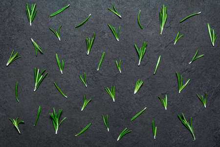 Fresh rosemary composition. Pattern made of rosemary springs on black stone background. Horizontal imageの写真素材