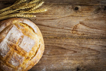Loaf of fresh bread and golden wheat ears on wooden background, copy space. Rustic food still life. Frame for textの写真素材
