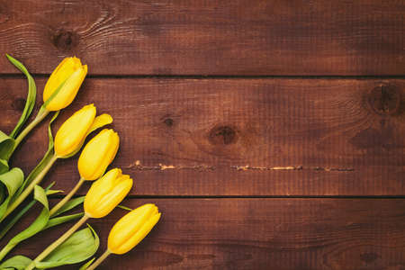 Floral background: yellow tulips on a wooden background with copy space. Mothers day, womens day, Easter conceptの写真素材