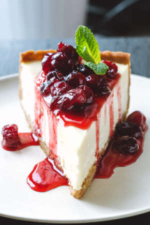 New York cheesecake with cherry sauce and mint leaf. Closeup view, selective focusの写真素材