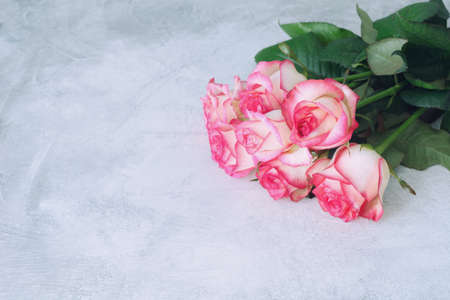 Bouquet of pink roses on concrete background with copy spaceの写真素材