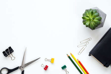 Artist design tools flat lay on white background, top view.