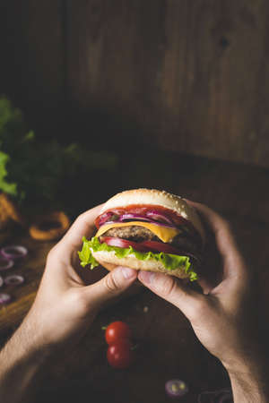 Man eating cheeseburger. Hands holding cheeseburger closeup view selective focusの写真素材