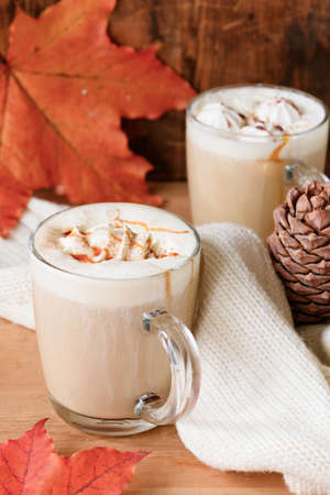 Coffee with cinnamon and whipped cream in glass mug. Closeup viewの写真素材