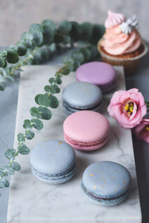 French macaroons and cupcakes with flowers on marble background. Pastel colors, vertical, selective focusの写真素材