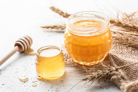 Liquid honey in jar with wooden honey dipper on white concrete background. Healthy lifestyle,...