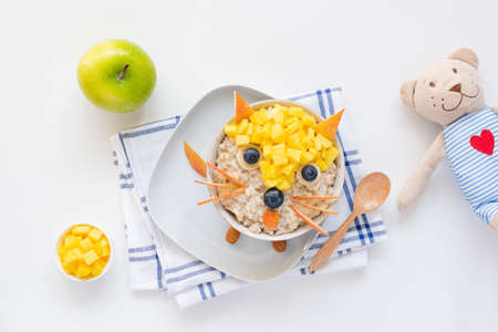 Breakfast for kids, children meal Oatmeal porridge bowl decorated using fruits and berries as cute funny fox and teddy bear on side. Food artの写真素材