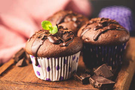 Chocolate muffins decorated with chocolate sauce and mint leaf, served on wooden board.の写真素材