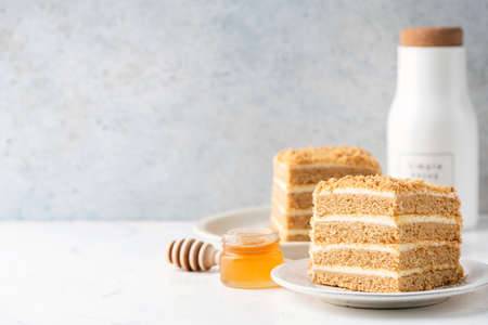 Medovik honey layer cake on white plate over grey concrete wall background. Cake slice with copy spaceの写真素材