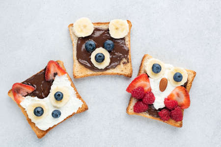 Funny healthy breakfast toasts for kids shaped of animals on grey concreteの写真素材