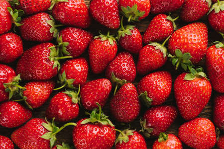 Strawberries as background. Freshly picked red strawberries. Fruit wallpaperの写真素材
