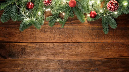 Christmas, New Year background composition with copy space. Fir tree with decorations and Christmas...