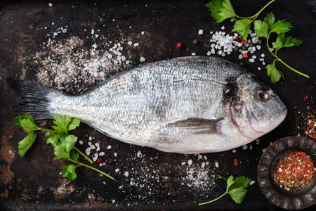 Fresh dorado with spices on black backgroundの写真素材