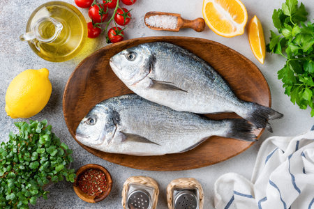 Uncooked dorado fish on wooden trayの写真素材