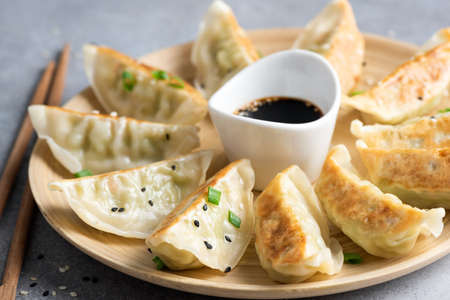 Gyoza or jiaozi fried stuffed dumplingsの写真素材