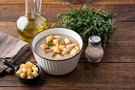 Vegetarian mushroom soup with croutonsの写真素材
