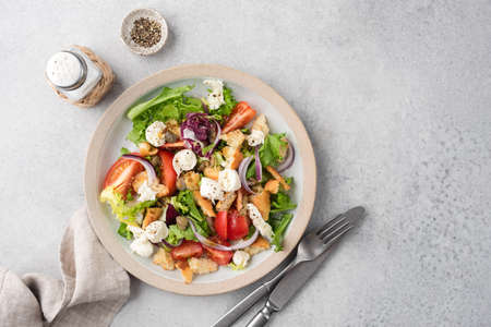 Italian summer salad Panzanella with tomatoes and breadの写真素材