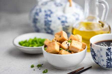 Marinated fried tofu in a bowl. Asian cuisine foodの写真素材