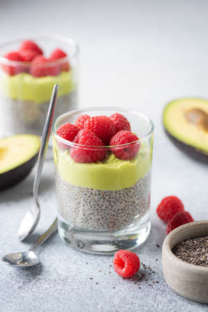 Healthy chia pudding with avocado mousse and raspberries