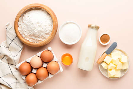 Baking background on beige pink backgroundの写真素材