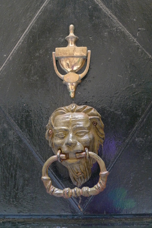 Old Door knoker. Door handle in the form of a lion's head. Detail of the shabby door.の写真素材