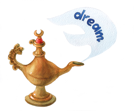 watercolor illustration of magical Aladdin's genie lamp on white backgroundの写真素材