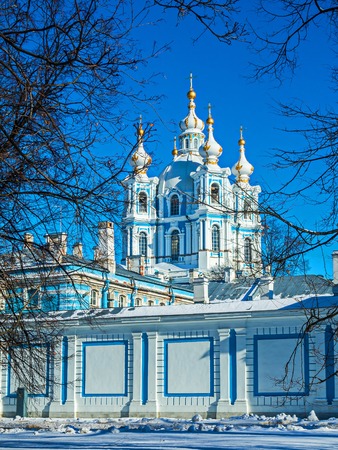 White Baroque lace on the blue facades of Rastrelli. Smolny Cathedral in St. Petersburg.の写真素材