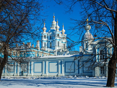 White Baroque lace on the blue facades of Rastrelli. Smolny Cathedral in St. Petersburg.の写真素材