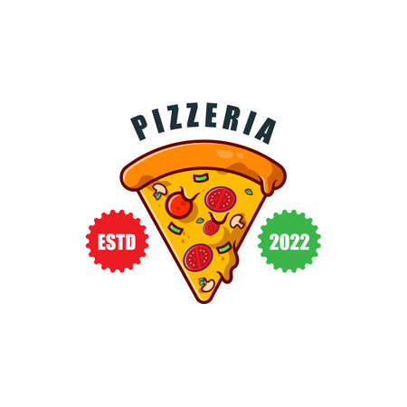 Pizza Food Logo Vector Design Originating From Italy, Made Of Wheat And Vegetables, Suitable For Stickers, Flayers, Backgrounds, Screen Printing, Food Companiesのイラスト素材