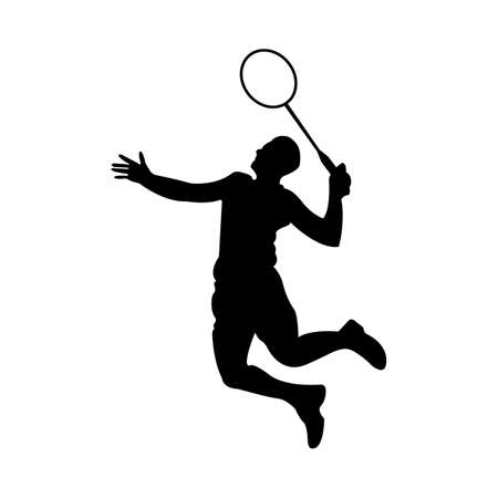 badminton logo icon vector, sports player, using racket, premium retro conceptのイラスト素材