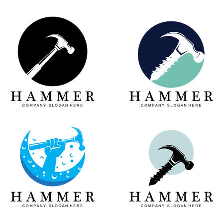 hammer, building construction tools and judge logo vector icon, vintage retro design illustrationのイラスト素材