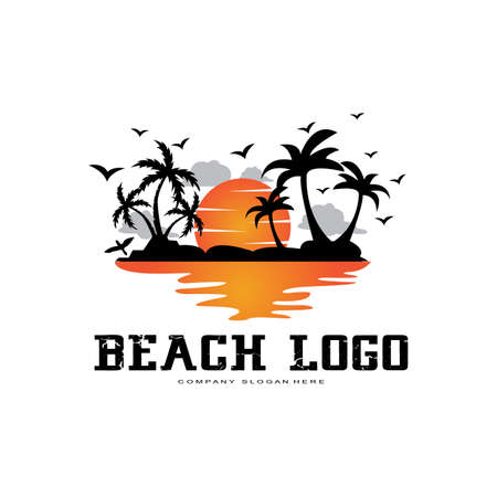 vector beach logo template with sunset, coconut trees, fishing boats, sailboats, and flying birds, ocean waves, retro circle design conceptのイラスト素材