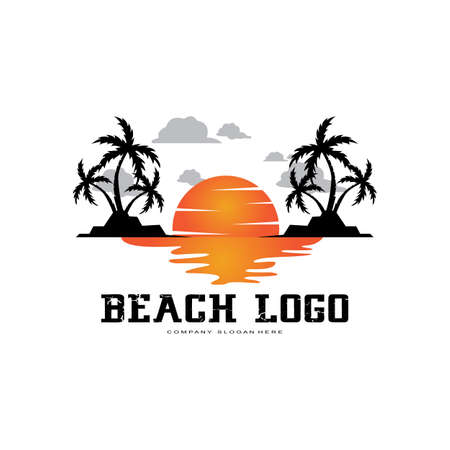 vector beach logo template with sunset, coconut trees, fishing boats, sailboats, and flying birds, ocean waves, retro circle design conceptのイラスト素材