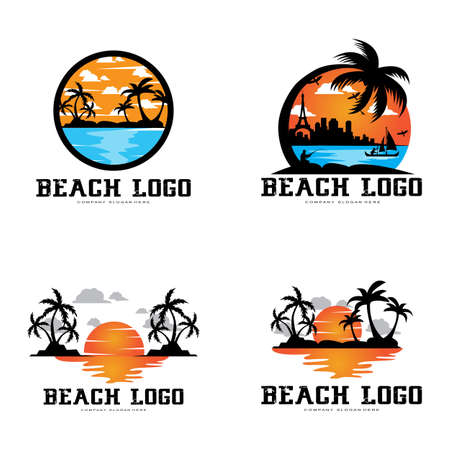 vector beach logo template with sunset, coconut trees, fishing boats, sailboats, and flying birds, ocean waves, retro circle design conceptのイラスト素材
