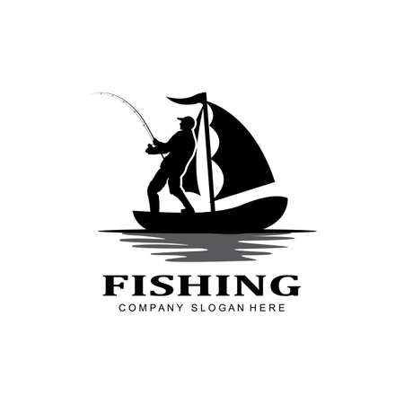 fishing logo icon vector, catch fish on the boat, outdoor sunset silhouette designのイラスト素材