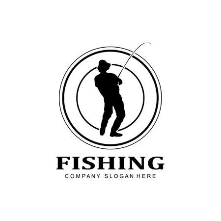 fishing logo icon vector, catch fish on the boat, outdoor sunset silhouette designのイラスト素材