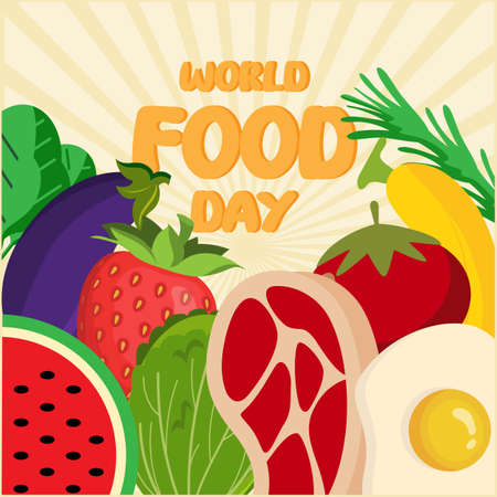 World Food Day Logo Background Vector Design, Illustration Of Assorted Fruits And Foods, Meal Celebration Celebration Poster Designのイラスト素材