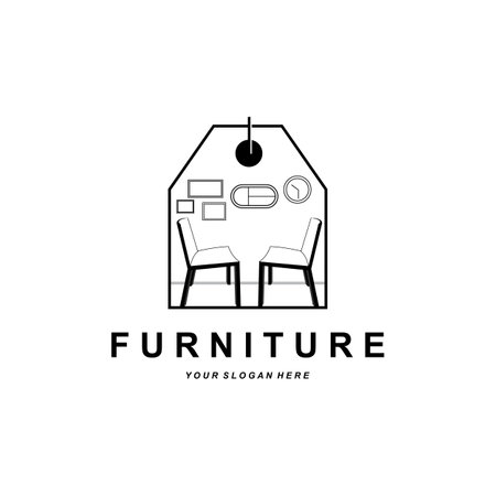 furniture logo, home furnishing design, room icon illustration, table, chair, lamp, frame, clock, flower potのイラスト素材